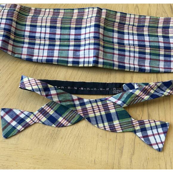 VTG Plaid Bowtie Cummerbund Green blue Yellow Preppy 80s Prom Meunch - Picture 1 of 7
